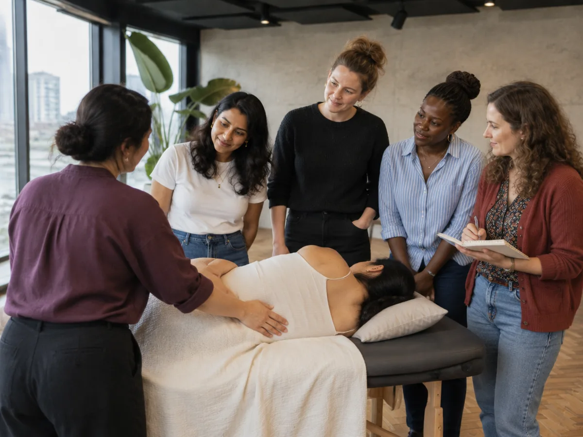 Birth workers watching a hands on practice session with a pregnant woman on a massage table